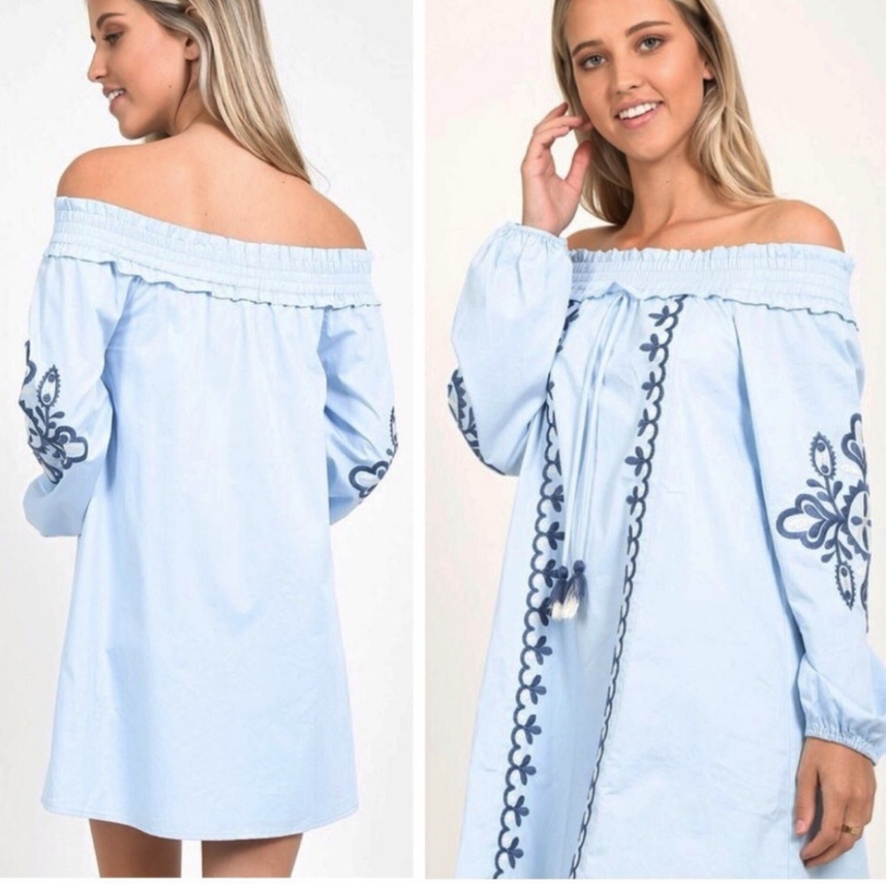 BLUE OFF SHOULDER EMBROIDERY DRESS size S & M - Picture 1 of 4
